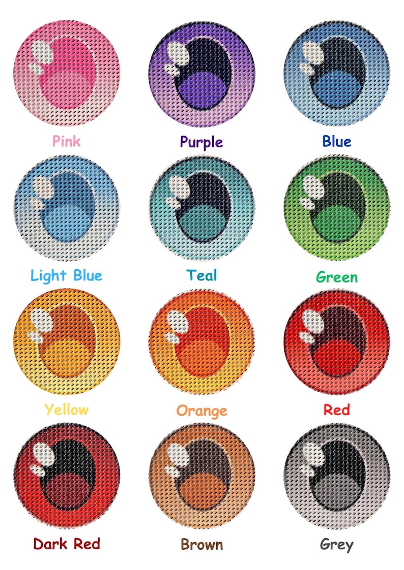 May include: Twelve different colored eyes with a black pupil and white highlights. The eyes are in a grid pattern with three rows and four columns. The colors are pink, purple, blue, light blue, teal, green, yellow, orange, red, dark red, brown, and grey.