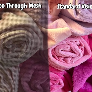 May include: The image shows two views of rolled fabric. The left side, labeled "Vision Through Mesh," displays a waffle-textured fabric in shades of gray and purple. The right side, "Standard Vision," shows soft, plush fabric in pink and fuchsia.