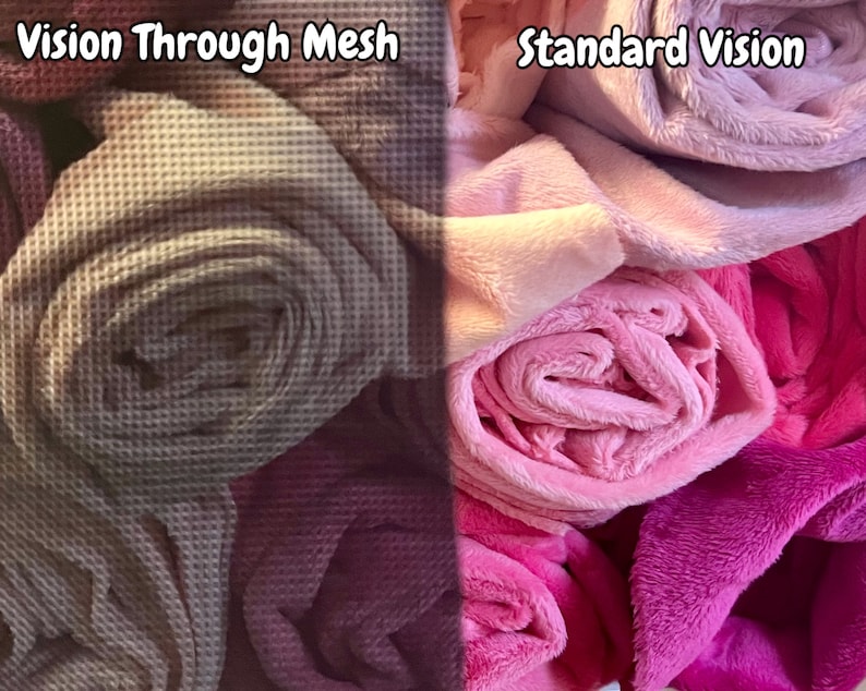 May include: The image shows two views of rolled fabric. The left side, labeled "Vision Through Mesh," displays a waffle-textured fabric in shades of gray and purple. The right side, "Standard Vision," shows soft, plush fabric in pink and fuchsia.