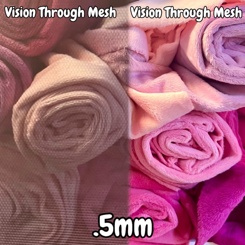 May include: Two close-up images of pink fabric rolls. The image on the left shows the fabric through a mesh, while the image on the right shows the fabric without the mesh. The text .5mm is visible at the bottom of the image.