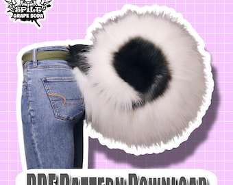 May include: A white and black faux fur tail with a black belt attached to a pair of blue jeans. The text "PDF PATTERN DOWNLOAD" is at the bottom of the image.