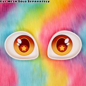Puede incluir: Primer plano de dos ojos grandes de dibujos animados blancos con pupilas naranjas y una estrella amarilla en cada pupila. Los ojos están sobre un fondo de piel de color arcoíris.