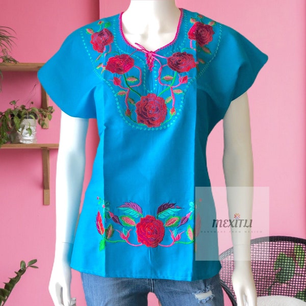 MEDIUM Front Tie Embroidered Mexican Blouse, Blusa Mexicana Bordada, Mexican Huipil, Fiesta Blouse, Mexican Top, Chiapas Blouse