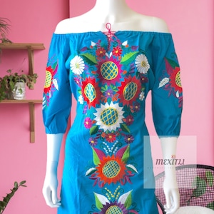 Off the shoulder Mexican Dress,Mexican Embroidered Dress, Mexican Peasant Dress, Vestido Campesina Bordado, Fiesta Dress, Sunflower Dress