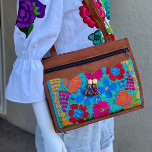 Floral Embroidered Faux Suede Handbag, Mexican Floral Shoulder Bag, Mexican Purse, Bolsa Bordada Mexicana, Chiapas, Fiesta, Cinco de Mayo