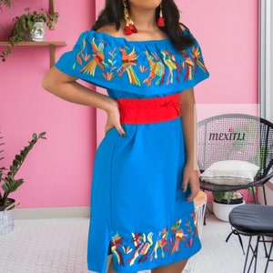 M- Mexican Otomi Embroidery Dress, Off the Shoulder Mexican Dress, Fiesta Dress, Vestido Mexicano Bordado, Vestido Campesina