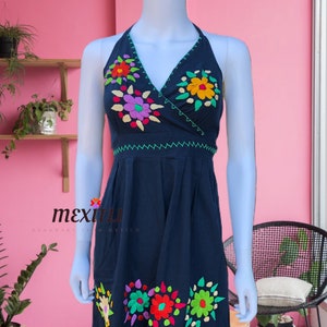 Floral Embroidery Mexican Halter Dress, Hand Embroidered Mexican Dress, Vestido Mexicano Bordado, Fiesta, Summer, Spring