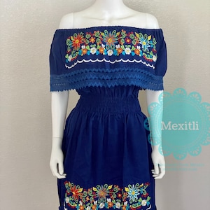 Lace Trim Off the shoulder Floral Embroidered Elastic Waist Mexican Dress, Peasant, Cinco de Mayo, Day of the Dead, Fiesta Dress