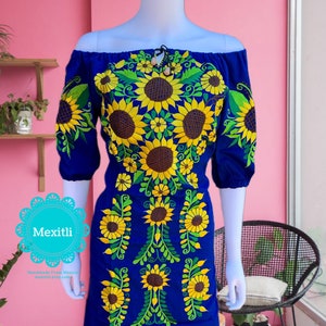 Tie Front Off the shoulder Sunflower Embroidered Mexican Dress, Peasant, Fiesta Dress, Sunflower Dress