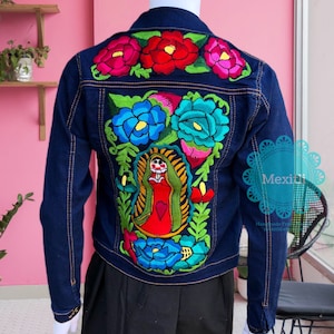 SMALL Mexican Our Lady Of Guadalupe Embroidered Denim Jacket, Virgin Mary, Fiesta, Cinco de Mayo, Chamarra de Mezclilla Bordada