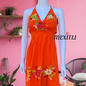 Floral Embroidery Mexican Halter Dress, Hand Embroidered Mexican Dress, Vestido Mexicano Bordado, Fiesta, Summer, Spring