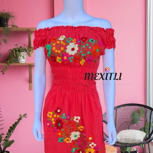 Off the shoulder Floral Embroidery Mexican dress, Hand Embroidered Dress, Mexican Peasant Dress, Vestido Campesina Bordado, Fiesta Dress