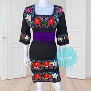 Mexican Floral Embroidered Half Sleeve Dress, Tie Back, Fiesta Dress, Merida Dress, Traditional, Cinco de Mayo, Day of the Dead
