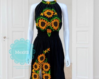 Halter Neck Sunflower Embroidered Side Slit Mexican Dress, Cinco de Mayo, Vestido Mexicano Bordado, Fiesta Dress, Floral Dress