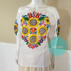 Front Tie Off The Shoulder Sunflower Embroidered Mexican Blouse, Floral Mexican Top, Fiesta, Cinco de Mayo, Chiapas