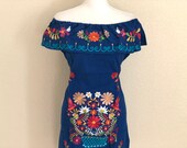 Off the shoulder Embroidered Mexican Tie Back Dress, Vestido Campesina Bordado, Vestido Mexicano, Fiesta Dress, Royal Blue Mexican Dress