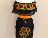 Black Off the shoulder Sunflower Embroidery Mexican dress, Vestido Campesina Bordado, Fiesta Dress, sunflower dress