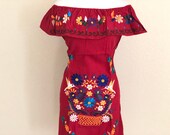 Off the shoulder Embroidered Mexican Tie Back Dress, Vestido Campesina Bordado, Vestido Mexicano, Fiesta Dress, Red Mexican Dress
