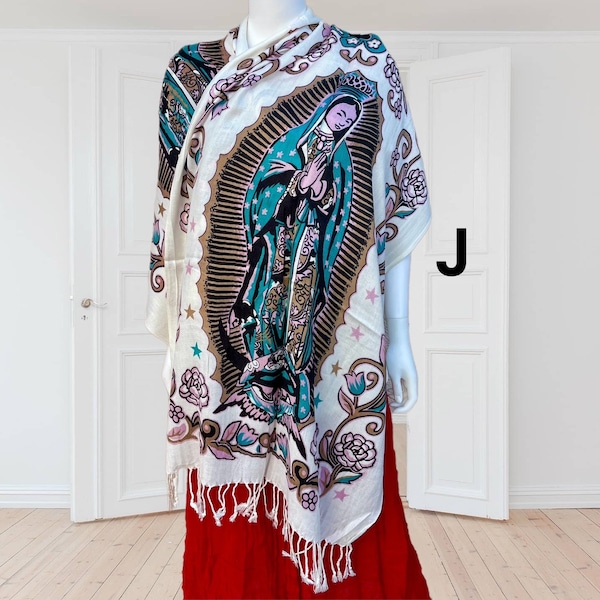 Mexican Our Lady of Guadalupe Print Pashmina, Virgin Mary Shawl, Scarf, Wrap, Rebozo, Chalina