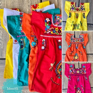 Girls Hand Embroidered Floral Mexican Dress, Puebla, Traditional, Cinco de Mayo, Day of the Dead, Coco, Fiesta