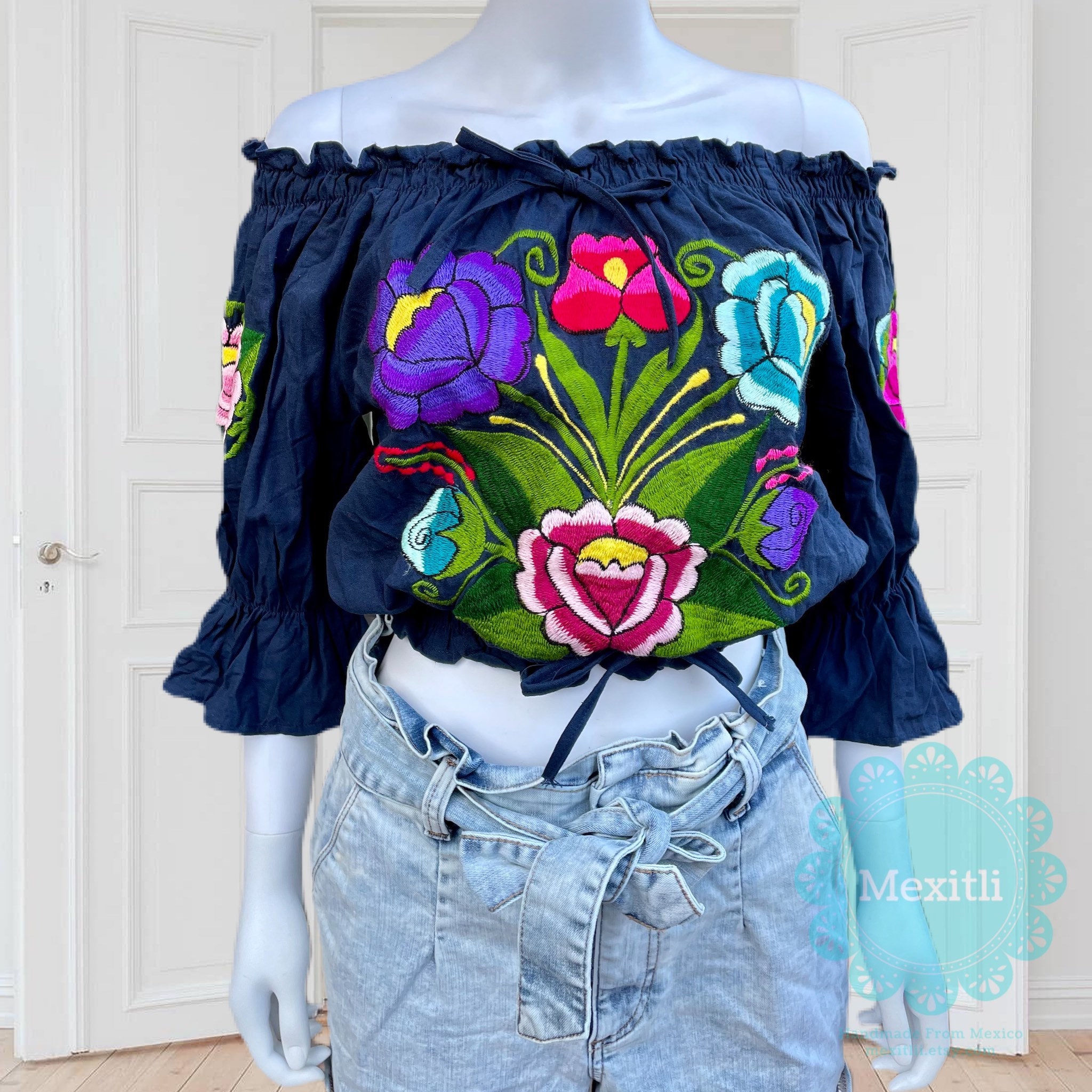 Mexican Floral Embroidered Bell Sleeve Crop Top, off the