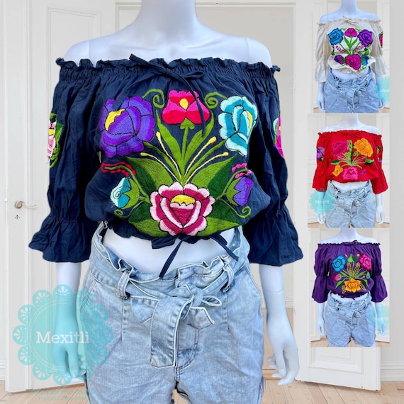 Top de manga de campana bordado floral mexicano top de corte de