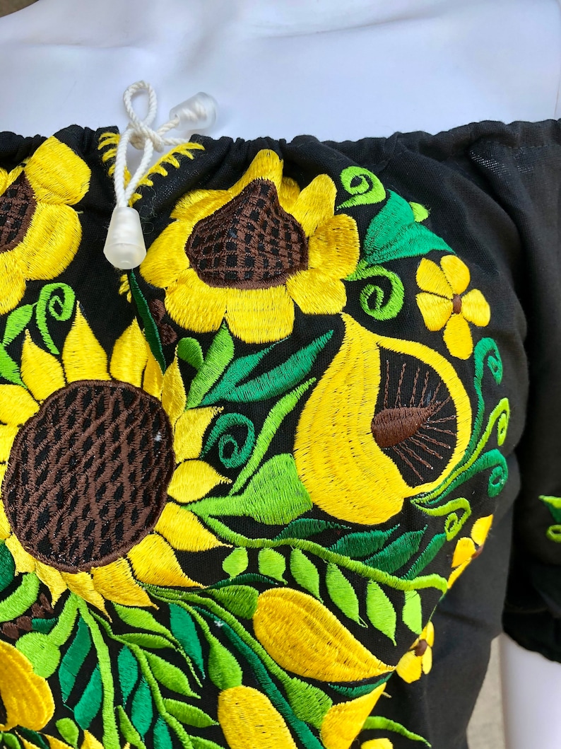 Chiapas Fiesta Cinco de Mayo Mexican Top Front Tie Off The Shoulder Sunflower Embroidered Mexican Blouse
