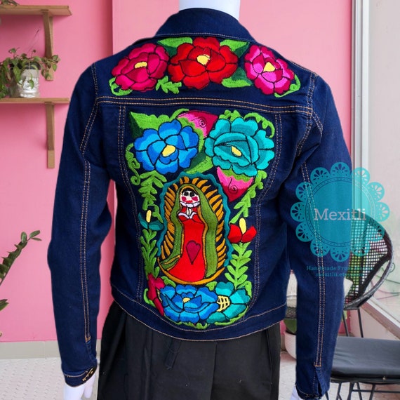 SMALL Mexican Our Lady Of Guadalupe Embroidered Denim Jacket Virgin Mary Fiesta Cinco de Mayo Chamarra de Mezclilla Bordada
