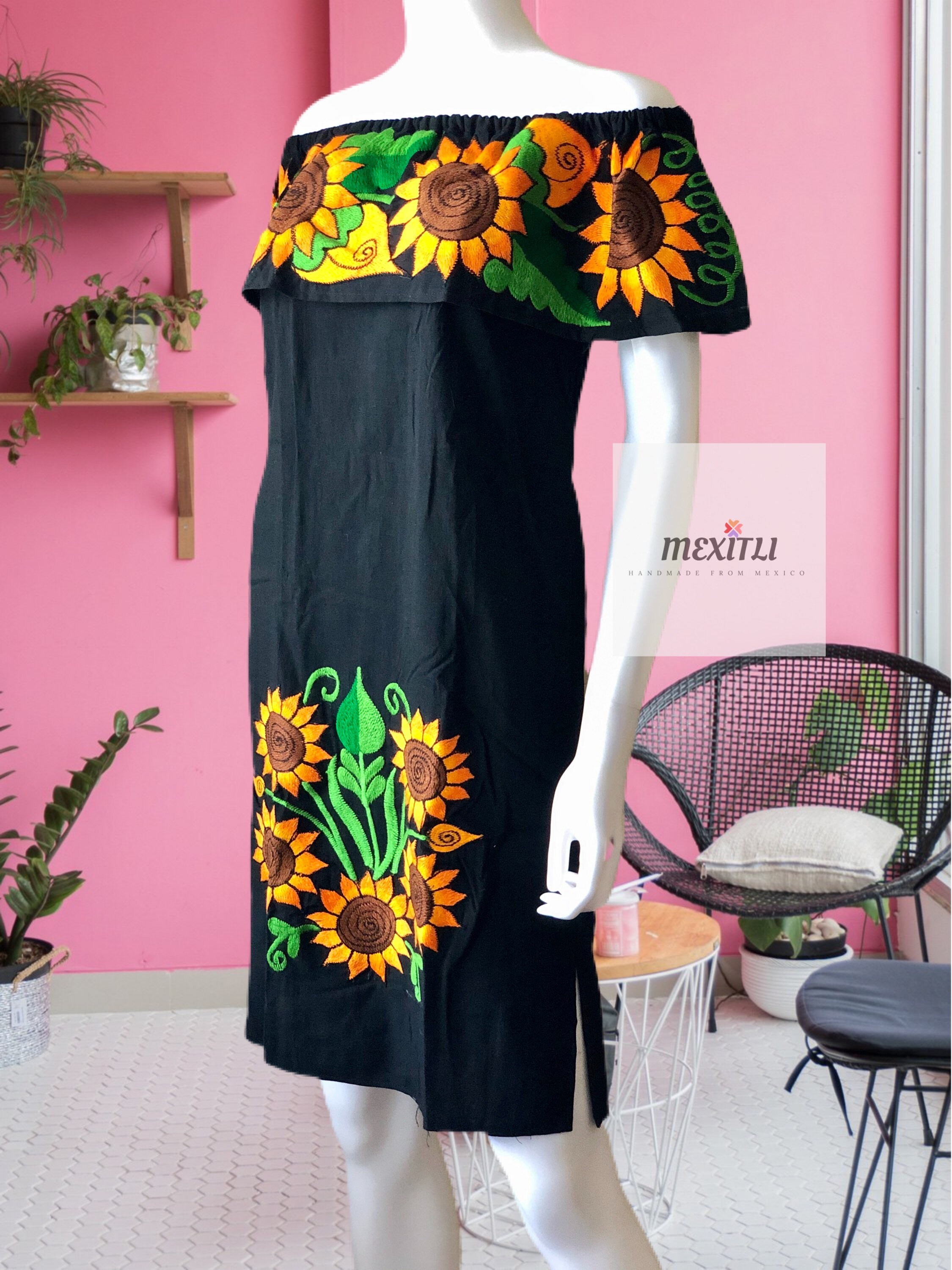 Off the Shoulder Sunflower Embroidery Mexican Dress, Mexican