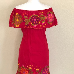Off the shoulder Embroidered Mexican Tie Back Dress, Hand Embroidered Dress, Vestido Campesina Bordado, Vestido Mexicano, Fiesta Dress