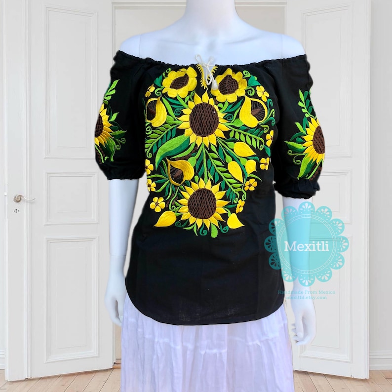 Chiapas Fiesta Cinco de Mayo Mexican Top Front Tie Off The Shoulder Sunflower Embroidered Mexican Blouse