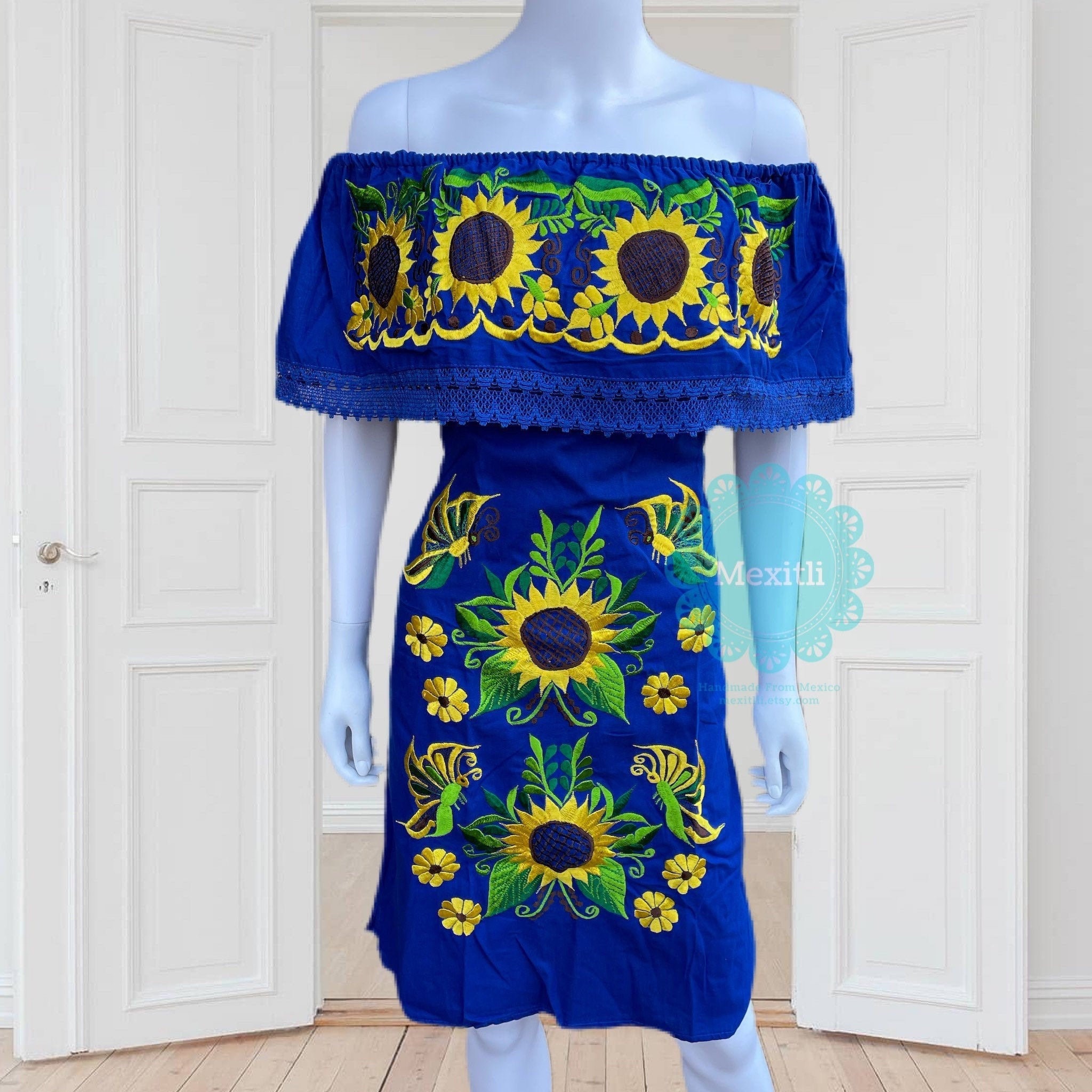 Lace Trim off the Shoulder Mexican Dress,mexican Sunflower