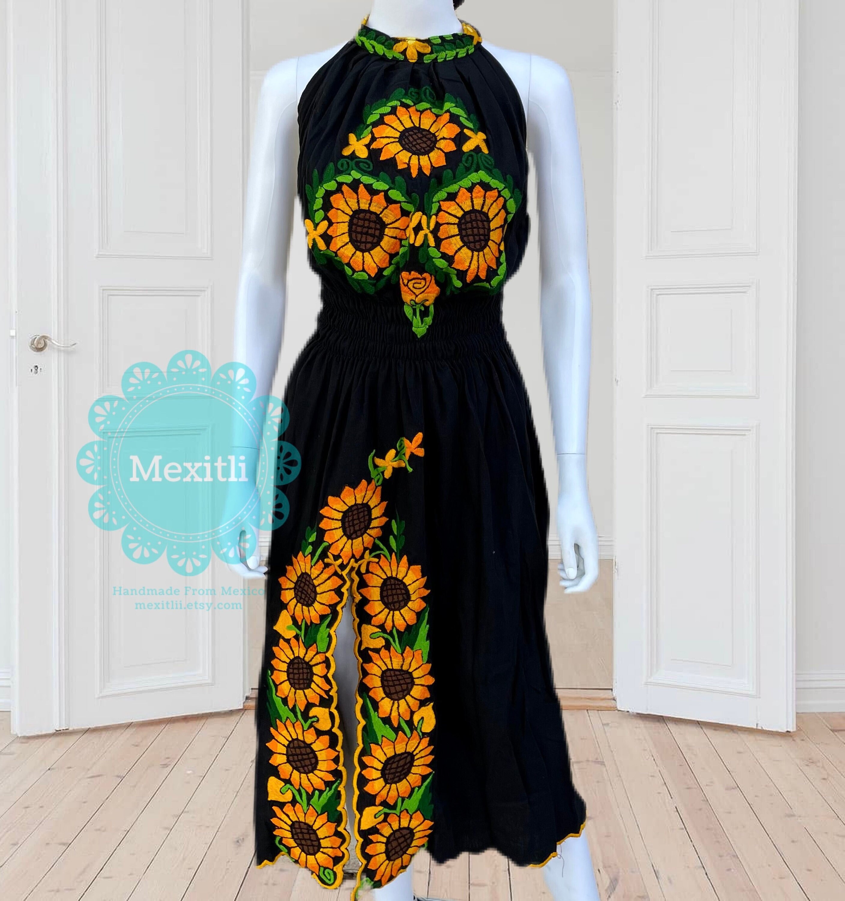 Halter Neck Sunflower Embroidered Side Slit Mexican Dress, Cinco