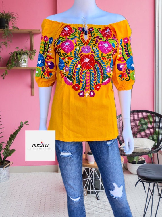 Tie Front off the Shoulder Embroidered Mexican Blouse