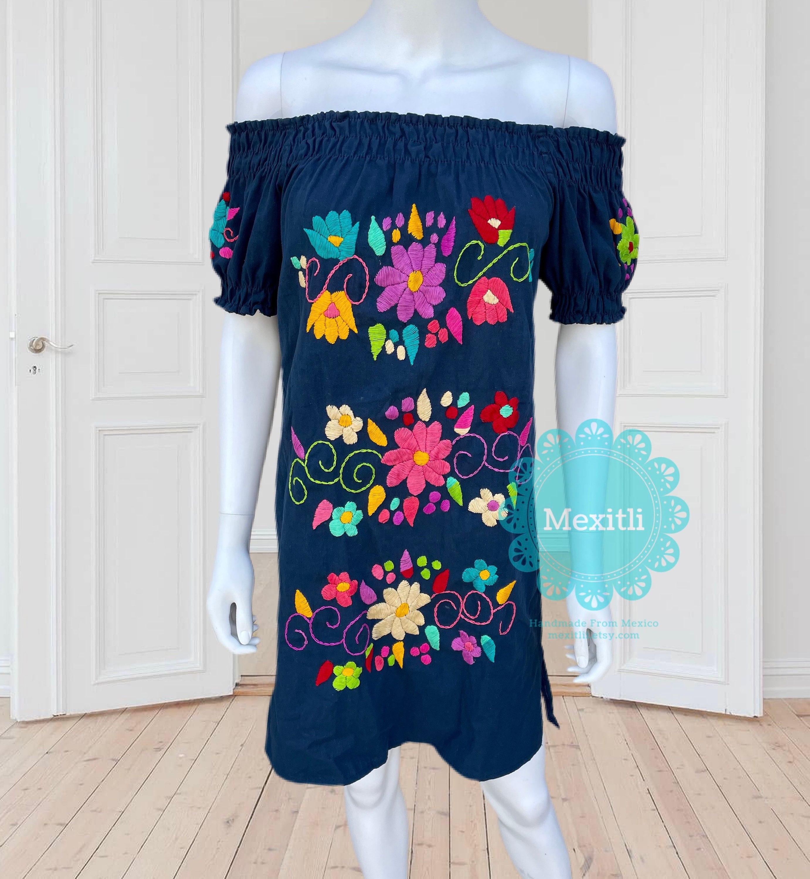 Hand Embroidered Mexican Mini Dress, Floral Embroidered