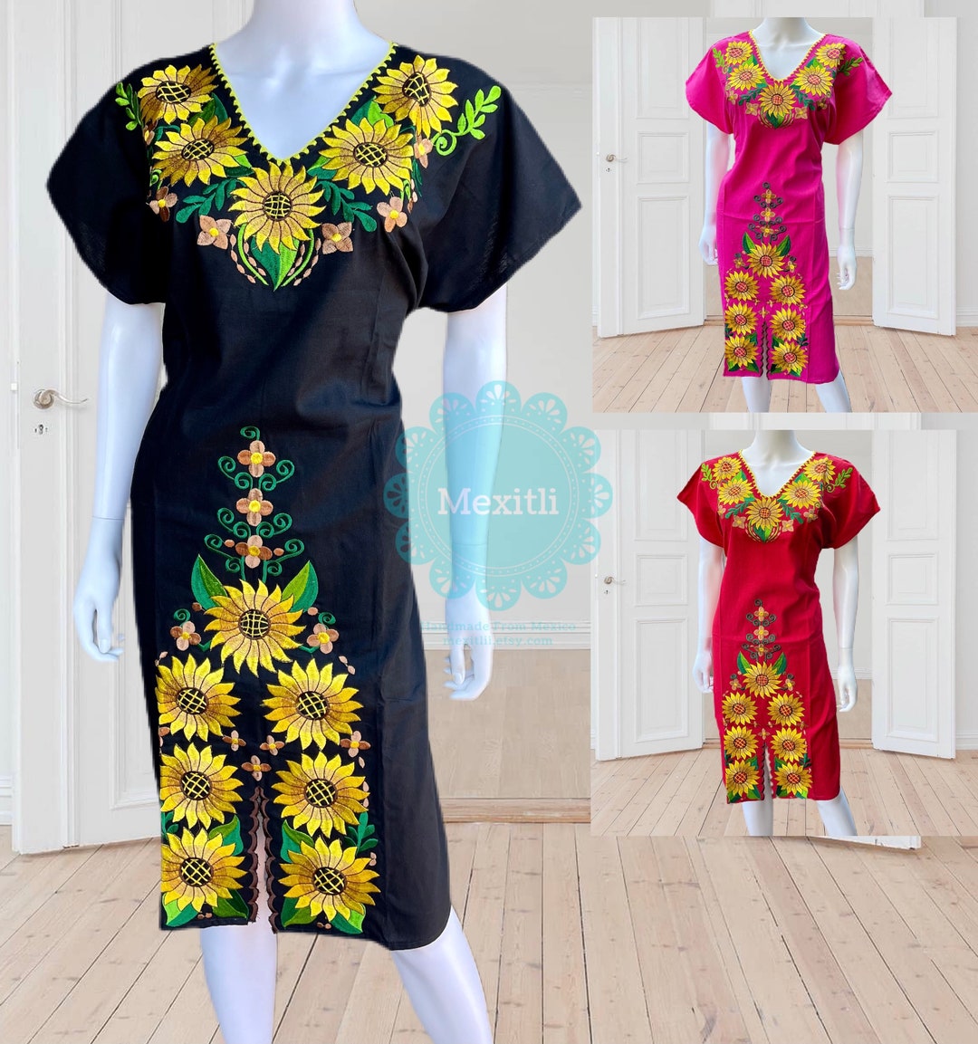 Mexican Sunflower Embroidered Front Slit Dress, Tie Back Dress, Chiapas ...