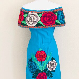 MEDIUM Off the shoulder Tie Back Embroidered Mexican Dress, Vestido Campesina Bordado, Vestido Mexicano, Fiesta Dress, Turquoise Blue