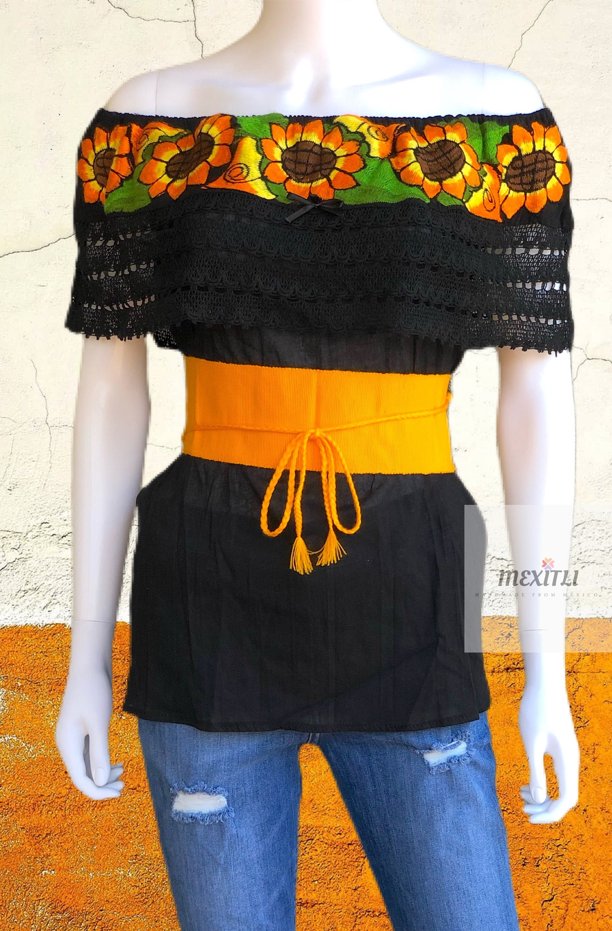 Bordado de girasol mexicano Blusa off Shoulder Blusa Campesina Bordada con girasoles Blusa Fiesta top girasol blusa girasol Etsy Espana