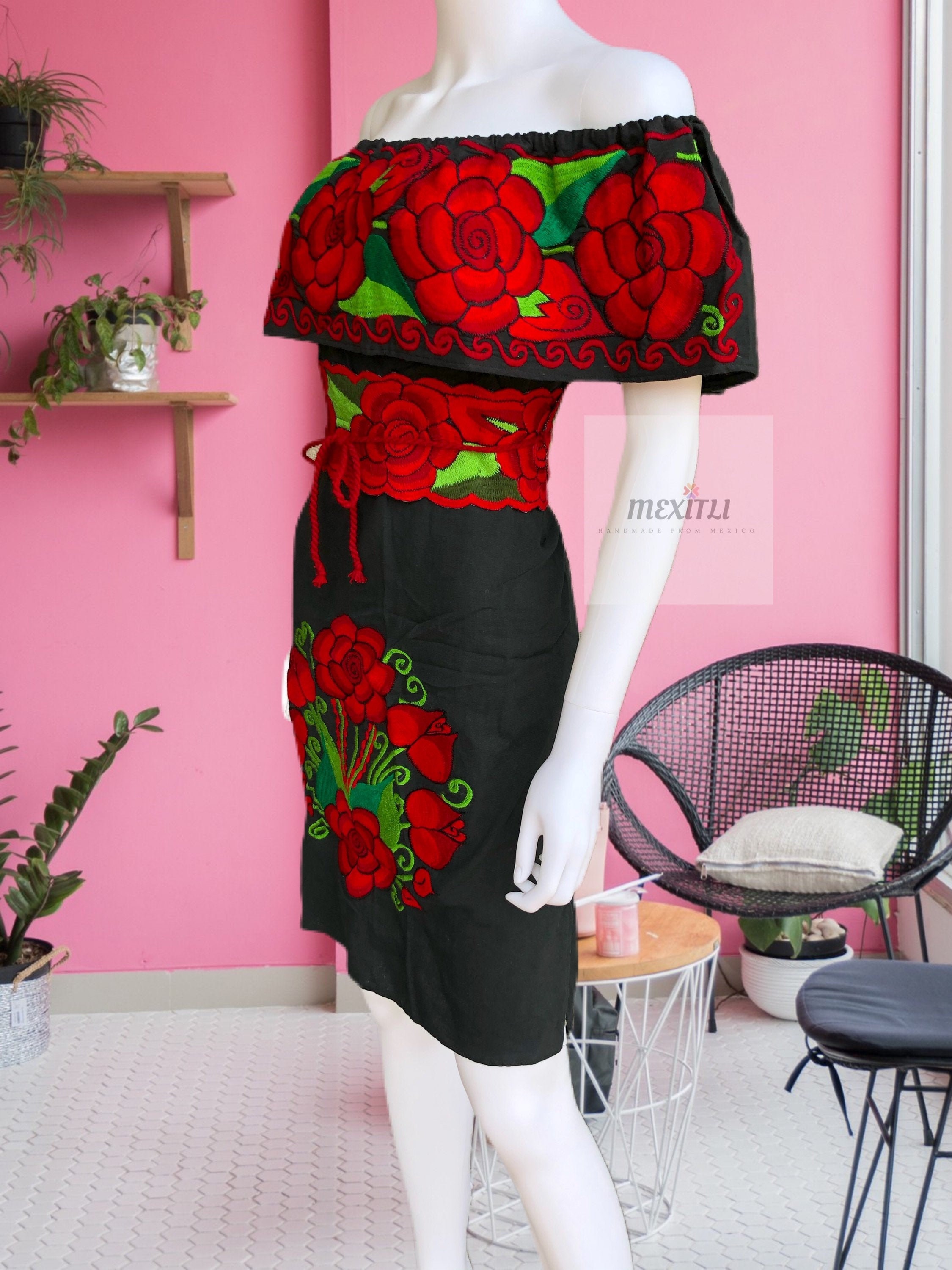 Off the shoulder Mexican Dress, Mexican Embroidered Dress, Mexican Pe…