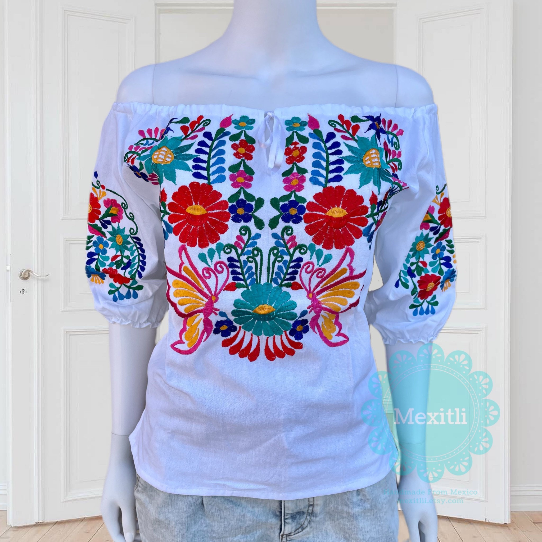 Tie Front off the Shoulder Embroidered Mexican Blouse