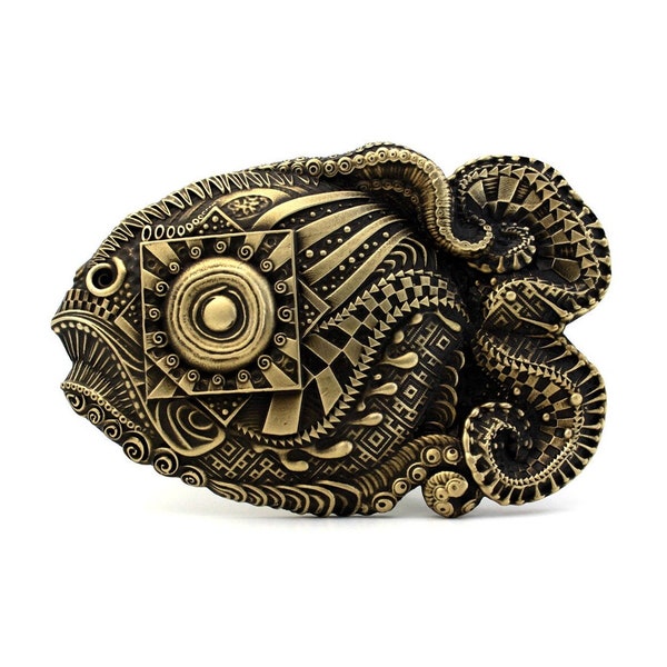 Buckle " Cubo - Fish " by Dwarfus belt solid brass made in Ukraine high quality present exclusive design Octopus vintage style gift leather