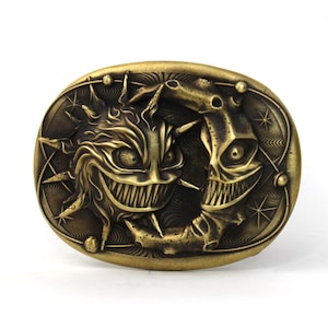 Belt buckle Sun and Moon handcrafted by Dwarfus in brass symbolizing eternal cycle of day and night cosmic spaceship design proudly Ukraine