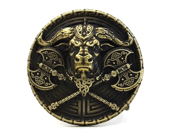"Gürtelschnalle ""Minotaurus"" von Zwerg Bullenschädel Labyrinth Axt Schilf Tomahawk Vintage Tier aus der Ukraine Geschenk unisex handgefertigt exclusiv."