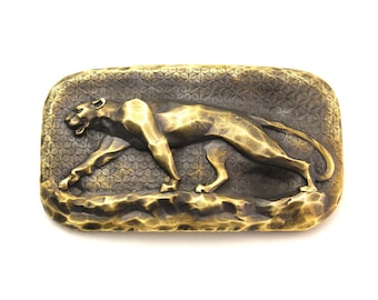 Brass buckle "Stone cougar" by Dwarfus Puma Panther Jaguar Vintage style from Ukraine exclusive design belt leather skin rock gift present