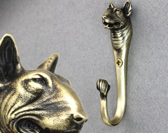 Wandhaken „Bullterrier“ von Dwarfus Kleiderbügel Vintage-Möbel aus massivem Messing für Kleidung Küche wütender lustiger Hund exklusives Tier