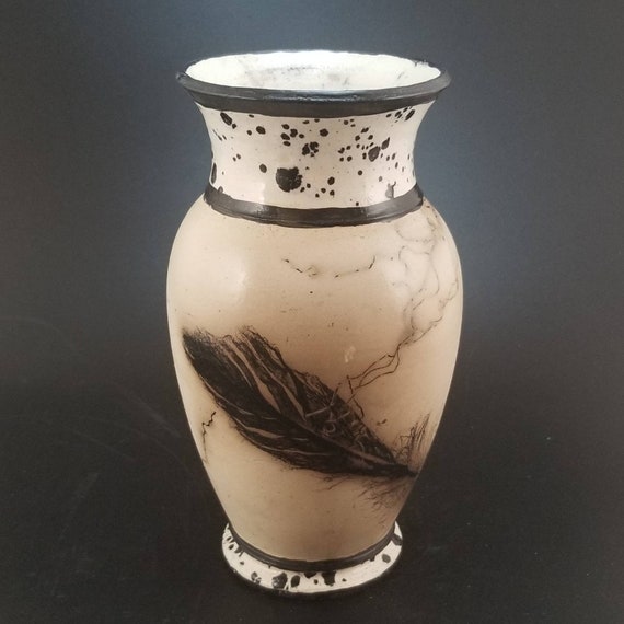 Decorative Feather And Horse Hair Raku Vase With Dalmatian Etsy