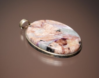 Charoite Cabochon Necklace Pendant set in Sterling Silver, Polished Charoite from Russia, Rose-Colored Charoite Jewelry