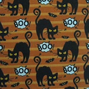Orange Halloween Fabric | Angry Black Cats with Candy Corn Eyes | Bats & Boo Word Cloud | Spooky Novelty Cotton