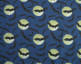 Navy Blue Night Sky Cotton Fabric | Yellow Moon, Black Bats Halloween Quilting Material