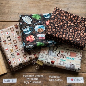 Coffee Fat Quarter Bundle, Cafe & Coffee Beans Quilting Fabric, 4 Precut Cotton Fabric Pcs for Kitchen Crafts Table Runner Patchwork Stash